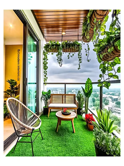 This balcony combines a small wooden bench with a contemporary string chair, offering flexible seating options. The view is framed by lush hanging plants, making it feel like a private sky garden.