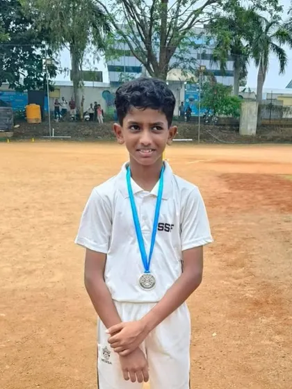 Goutham J Aragi, declared Player of the Match for his 3-wicket haul in the RRCC Tournament U-10.