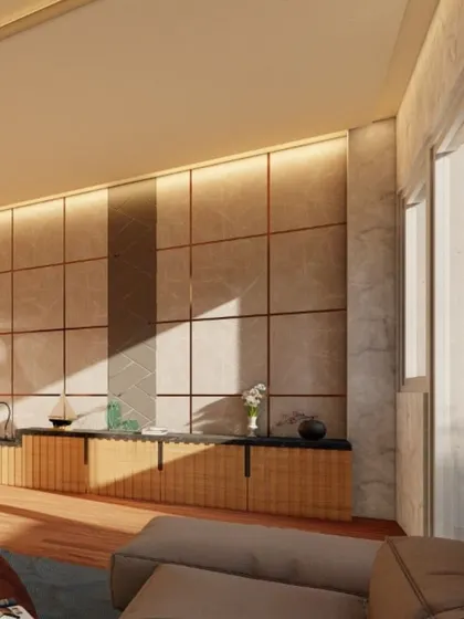 A closer look at the custom cabinetry in this living space. The design combines open and closed storage, with a mix of wood and reflective surfaces to maintain a feeling of openness while providing ample room for essentials.