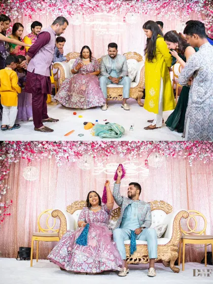 A collage showing the fun and games at an engagement ceremony. These candid moments of family interaction and traditional games add to the story of the day.