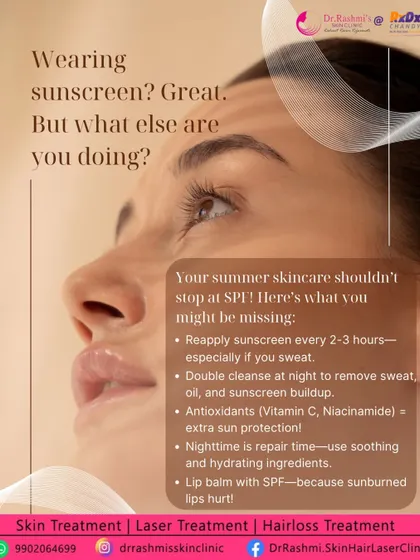 Sunscreen is your first line of defense, but it's not enough on its own. Your summer skincare should also include reapplication every 2-3 hours, double cleansing at night, and using antioxidants for extra protection.