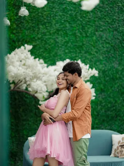 A joyful and candid embrace. My goal for pre-wedding makeup is to create a look that feels comfortable and looks beautiful throughout a long day of shooting.