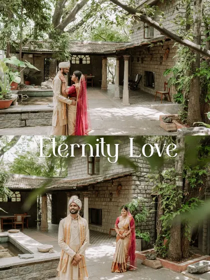 A collage of the couple posing in the courtyard of a beautiful, traditional venue.