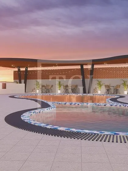 A proposed design for a hotel project in Bhubaneswar, featuring a large swimming pool, a covered outdoor restaurant and bar area, and stylish poolside seating.