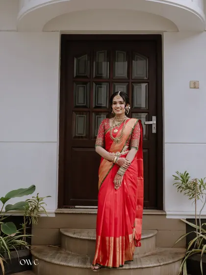 A classic bridal portrait in front of a traditional wooden door.