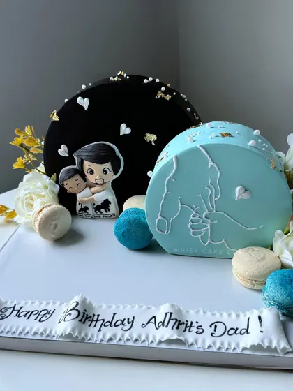 "Papa meri jaan." A heartfelt Father's Day cake featuring two designs, one with a silhouette of a father and child, and the other with a detailed hand-drawn portrait.