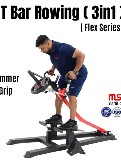 A user performs a hammer grip row, which provides a neutral grip to target different back muscle fibers.