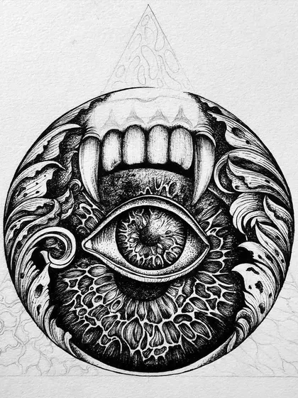 A variation of one of my ink drawings, this version shows the piece on paper, with the faint outline of a triangle in the background, hinting at the geometric structure.
