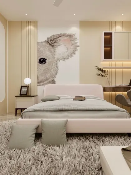 A 3D design for a kid's room with a playful koala mural. The design incorporates a built-in study desk with overhead storage and a wardrobe with modern, clean lines.