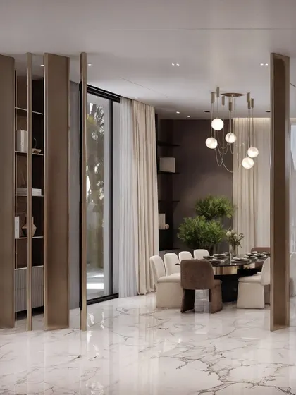 This view shows the dining area separated from the living space by a series of rotating panels, a design feature that my visualization clearly explains.