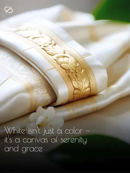 White isn't just a color, it's a canvas of serenity and grace. The embossed gold border on this white silk is a detail of pure elegance.