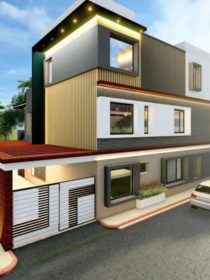 Another perspective of our modern bungalow design, showing the interplay of different cladding materials and the strategic placement of windows to maximize natural light.