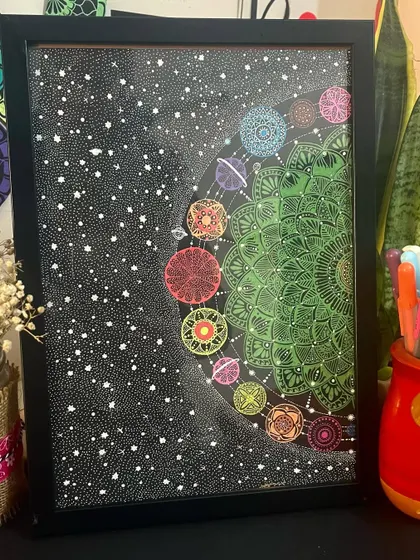A framed galaxy mandala, symbolizing the transformation of suffering into joy.