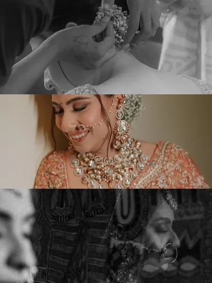 A collage showing the process of getting ready, from hair and makeup to the final joyful smile, in beautiful black and white.
