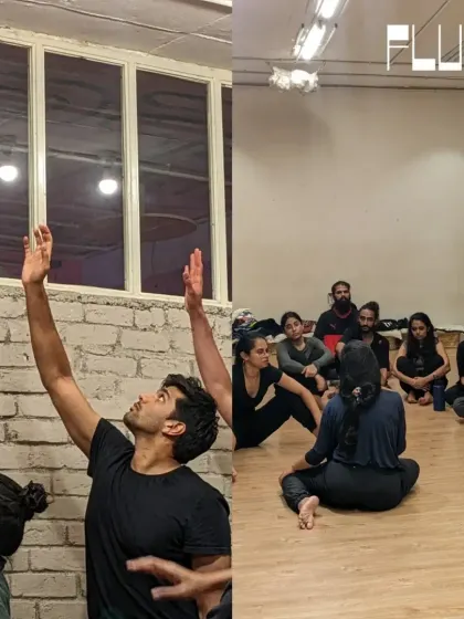 Dancers reach towards the light in a moment of hope during a rehearsal, while another shot shows the team in discussion.