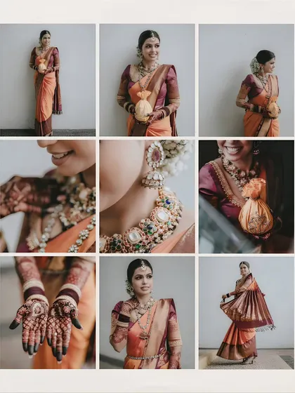A celebration of the South Indian bride. This collage is a detailed look at her stunning bridal attire, from the intricate temple jewelry and beautiful henna to the elegant drape of her silk saree.