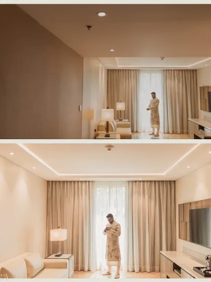 A diptych showing the groom getting ready in his spacious hotel room.