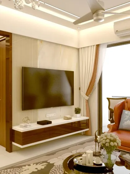 The TV unit in this 3D render features a floating design with a mix of wood and marble finishes, continuing the luxurious theme of the living room.