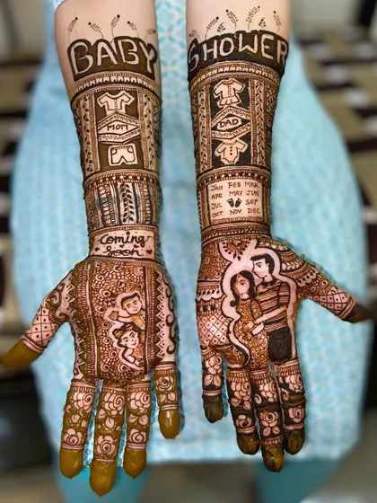 A complete story on the hands, this design includes couple portraits, 'Coming Soon' text, and baby-themed elements like little shirts for 'Mom' and 'Dad'.