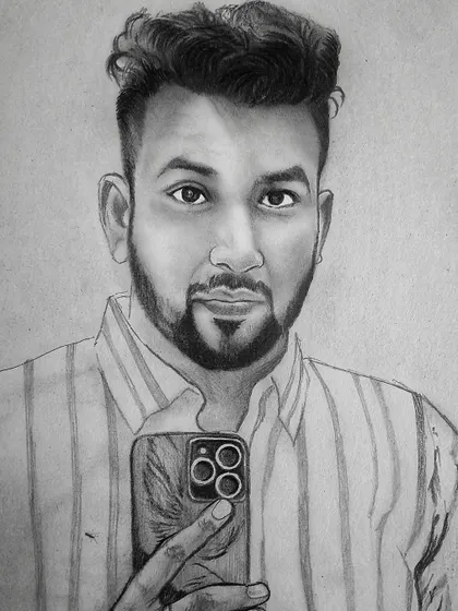 A modern self-portrait sketch drawn on A4 paper. This was a commission work where the client wanted a realistic drawing from their selfie, including details like the phone and striped shirt.