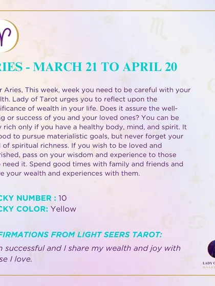 A weekly tarot prediction for Aries. This forecast emphasizes reflecting on the true meaning of wealth, which includes a healthy body, mind, and spirit.
