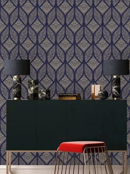A bold, dark blue wallpaper with an intricate, repeating geometric pattern. This design makes a strong statement and is perfect for an entryway or a dramatic accent wall.