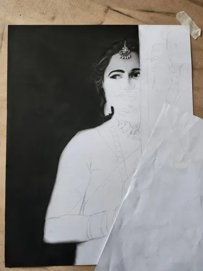 A work-in-progress shot of a traditional portrait with a dark background.