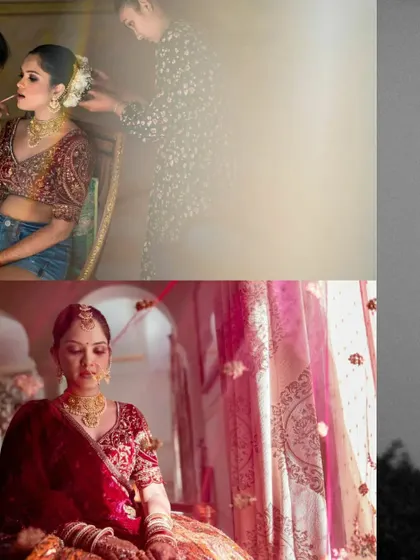 A creative collage blending a shot of the bride getting her makeup done with a portrait of her by the window, telling the story of her transformation.