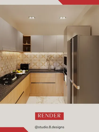 A functional and stylish kitchen concept in 3D, featuring a dual-tone cabinet system, patterned backsplash, and efficient L-shaped layout.