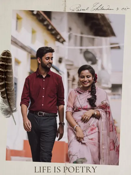 An artistic edit of a vintage-themed pre-wedding photo, with a feather and script overlay creating a poetic feel.