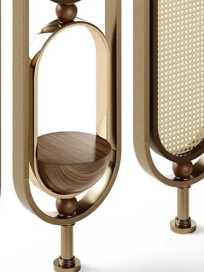 A close-up of the custom partition, showing the detail of the cane mesh and the elegant combination of wood and metal.