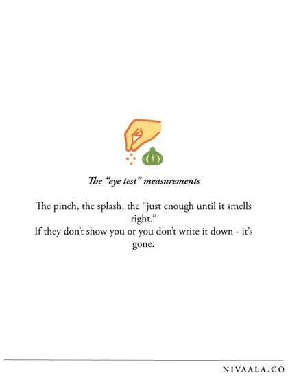We lose the "eye test" measurements. The pinch, the splash, the "just enough until it smells right." If you don't write it down, it's gone.