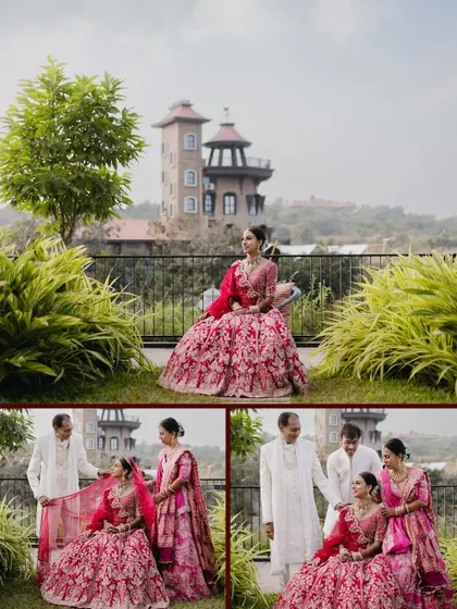 A collage of a bride posing with her parents in a garden, capturing both formal portraits and loving, candid moments with her family.