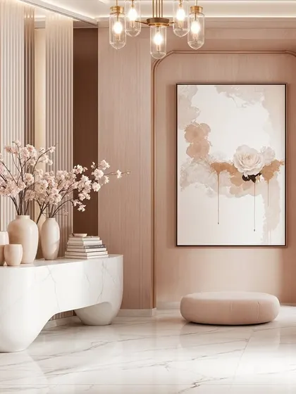 This foyer concept features a sculptural marble console, soft pink seating, and abstract art. The design is a beautiful balance of form, color, and texture.