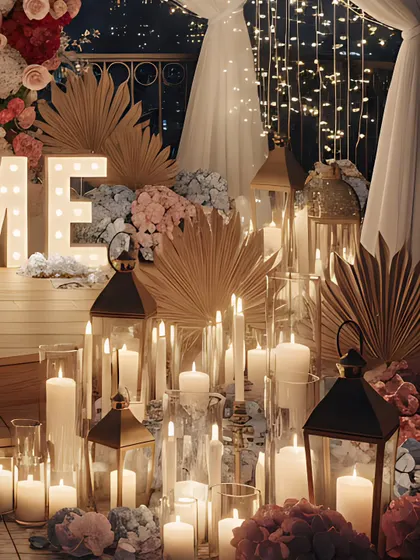 I use a high density of candles and lanterns to build a warm, immersive atmosphere. This detailed view shows how different heights and styles of candles are layered with florals and dried palms for a rich look.