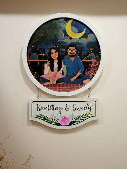 A close-up of the adorable, hand-painted portrait that serves as a nameplate for the home. This is a perfect example of how I incorporate personal touches to make a design truly unique to the client.