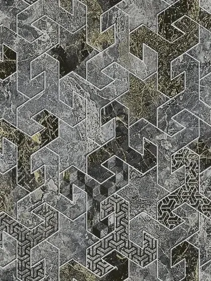 A complex geometric wallpaper with an interlocking 3D pattern in shades of grey and hints of gold.