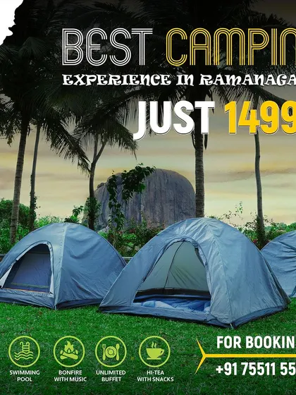 Experience the best camping in Ramanagara for just 1499 per person. The package includes adventure games, swimming pool, bonfire, and unlimited buffet.