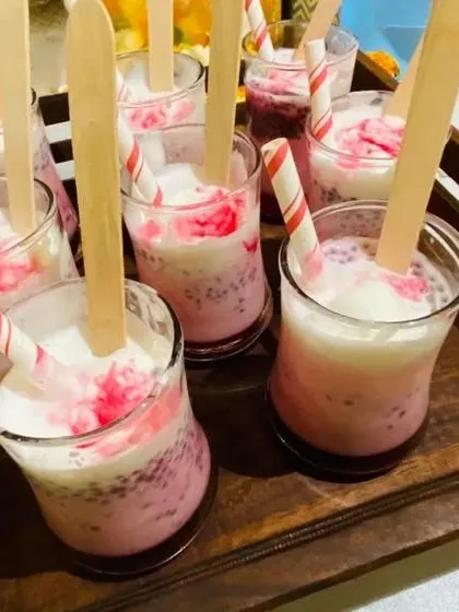A perfect summer dessert for parties. Our Rose Falooda is served chilled in glasses with sabja seeds and vermicelli, offering a refreshing and fragrant sweet treat.