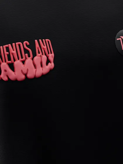 This close-up shows the 'Friends and Family' puff print detail, a special touch on some of our exclusive pieces.