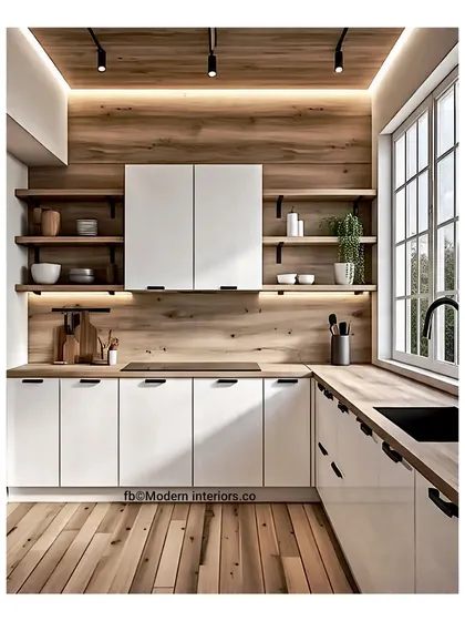 This U-shaped kitchen design is a great example of modern rustic style. The wood-paneled backsplash and open shelving create a warm, inviting feel, while the handleless white cabinets keep the look clean and contemporary.
