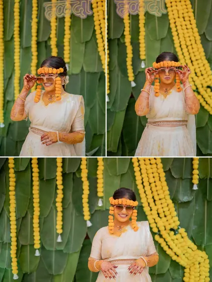 A collage of the bride playfully posing with sunglasses made of marigold flowers.