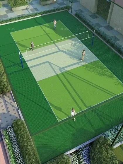 An aerial view of the volleyball court at 'Villa On Sky', showcasing a professional-grade facility integrated into the residential landscape.