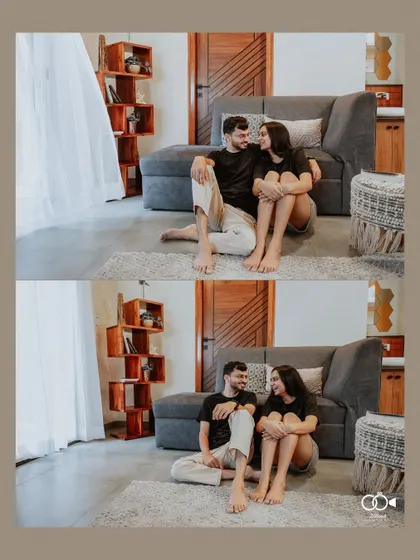 A two-panel layout of the couple sitting on the floor of a cozy living room, sharing smiles and conversation.