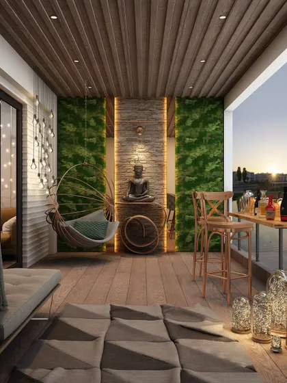Your private sanctuary, right on your balcony. We transformed this outdoor space into a tranquil retreat with a comfortable swing, a vertical garden wall, and a meditative Buddha centerpiece. The warm lighting and wood-paneled ceiling make it the perfect corner to unwind as the sun sets over the city.