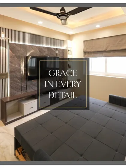 Grace in every detail. The combination of the sleek TV unit, fluted wall panels, and the comfortable sofa bed makes this a perfectly balanced, multifunctional room.