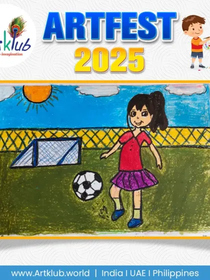 A junior artist's drawing of a girl enjoying a game of soccer on a sunny day.
