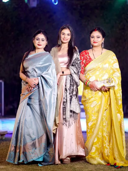 An elegant group portrait of three women in their beautiful traditional wear. I specialize in composing group photos where everyone looks their best.