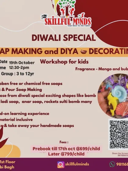 A Diwali special that's clean and creative. Our Soap Making and Diya Decorating workshop lets kids create paraben-free soaps in festive shapes and decorate their own diyas.