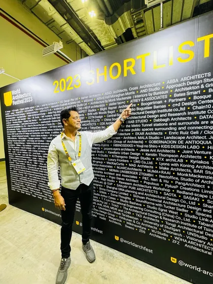 Pointing out Atrey & Associates on the official shortlist wall at the World Architecture Festival 2023. Seeing our name among so many talented firms from around the world was a truly humbling experience.